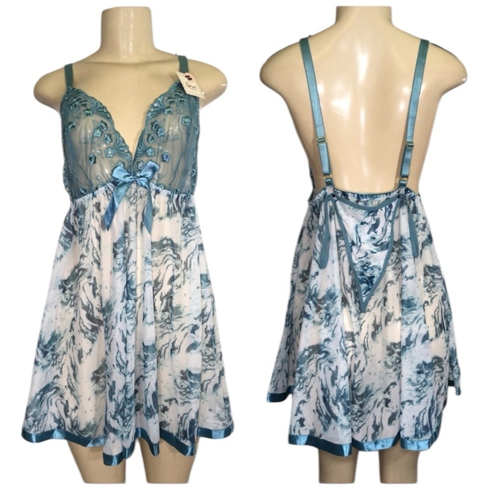 NEW Spree Intimates Teal Blue Marble Mesh Floral Lace‎ Babydoll Lingerie Set 1X